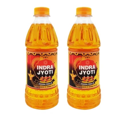 Swarajya India Indra Jyoti Pooja Oil | Sandalwood Fragrance | 450 ml x 2 | Pack of 2 | Enriched with Sesame Oil