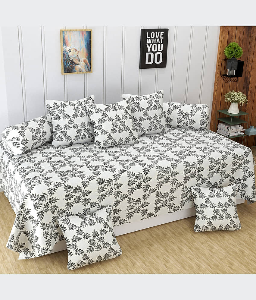 Homefab India Cotton Floral Diwan Set 8 Pcs - White