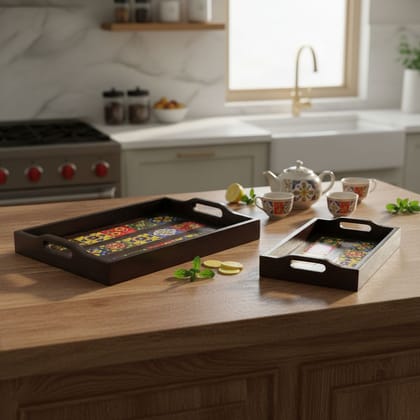 Wooden Serving Tray with Handles In Set of 2 | Handicraft Tray