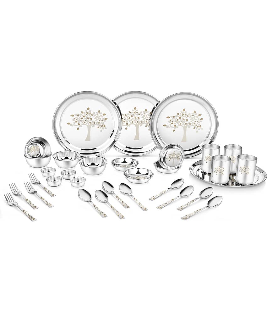 Classic Essentials Laser Printed Stainless Steel Dinner Set ( Pack of 32 ) Silver
