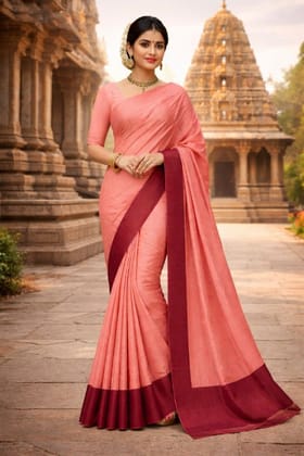 Arani Soft Silk Sarees - Coral Pink with Maroon Border
