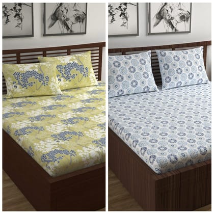 Blue Dahlia and Brown Floral Print Combo Set of 2 Bedsheet for Double Bed-Double / Green and Grey / PR_5005_5008-DB