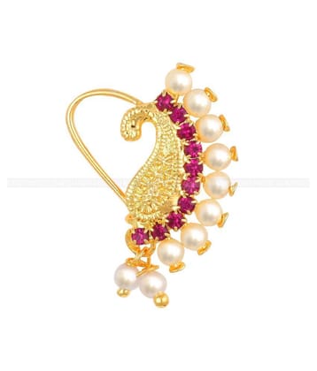 Vighnaharta Gold Plated Mayur Design with Pearls and AD stone Alloy Maharashtrian Nath Nathiya./ Nose Pin for women VFJ1015NTH-TAR - Yellow
