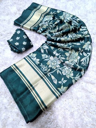 moss silk Blouse running Foil print Flower print with foil touch Washable saree