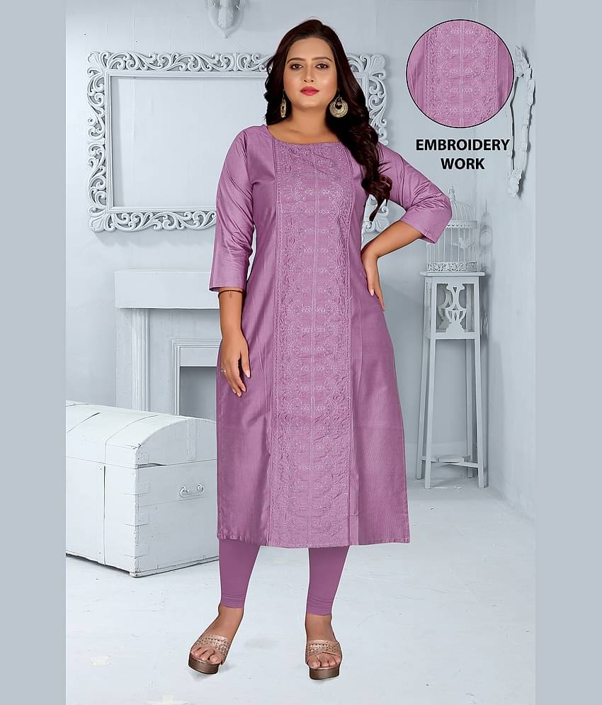 RIAANA Women Chanderi Embroidered Straight Kurti ( Purple )