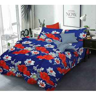 Black Bee  Blue Bedsheet With Red And Grey Flower PrintDouble Bedsheet With 2 Pillow Covers (208 X 213 Cm)(Bs-07)