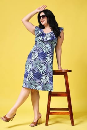 Blue Leaves Printed Dress-L / Blue