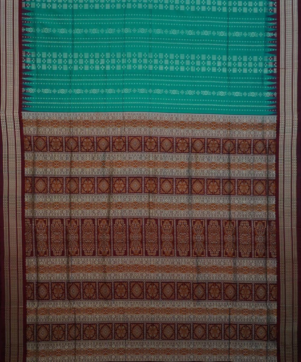 Cyan green and maroon handwoven silk bomkai saree