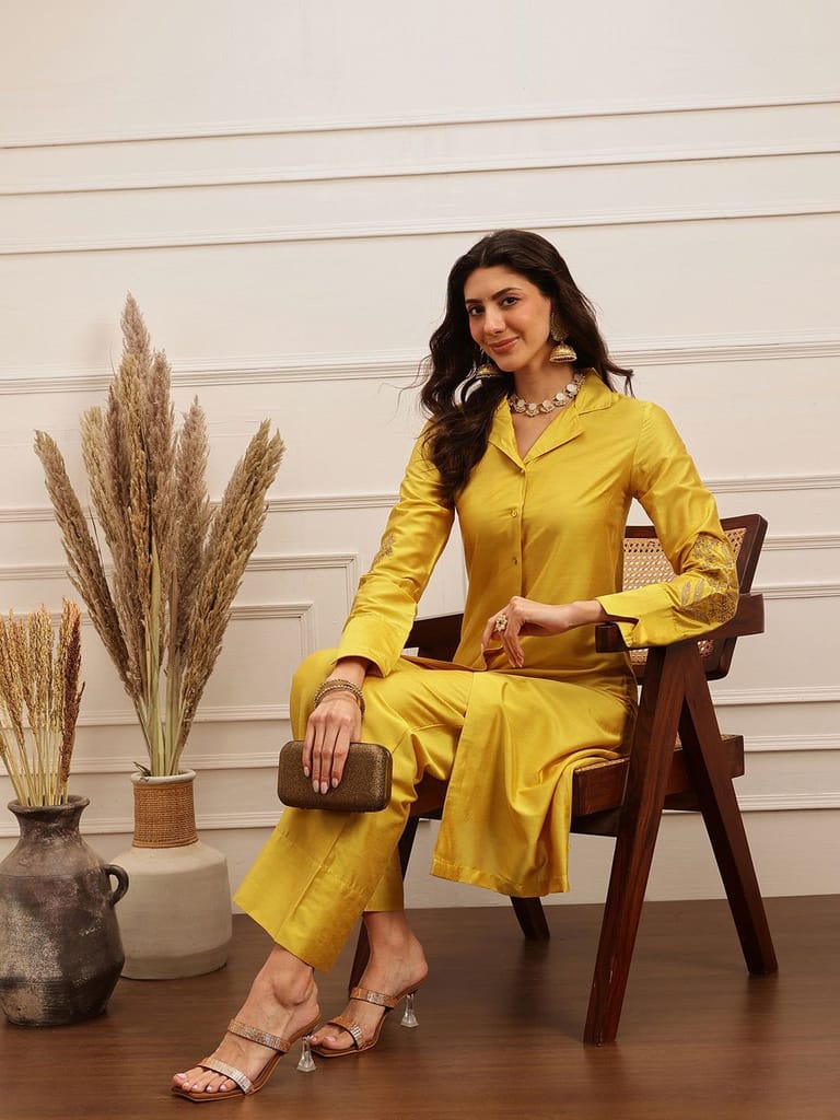 Mustard Yellow Satin Kurta Set
