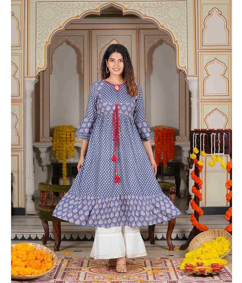 Yash Gallery Rayon Printed Anarkali Women's Kurti - Grey ( Pack of 1 )
