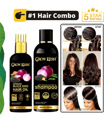 Growkesh Onion Hair Oil for Hair Regrowth and Hair Fall Control with Blackseed with Comb Applicator and Red Onion Shampoo for Anti-dundruff (Onion Hair oil,60ml + Onion Shampoo,100ml)