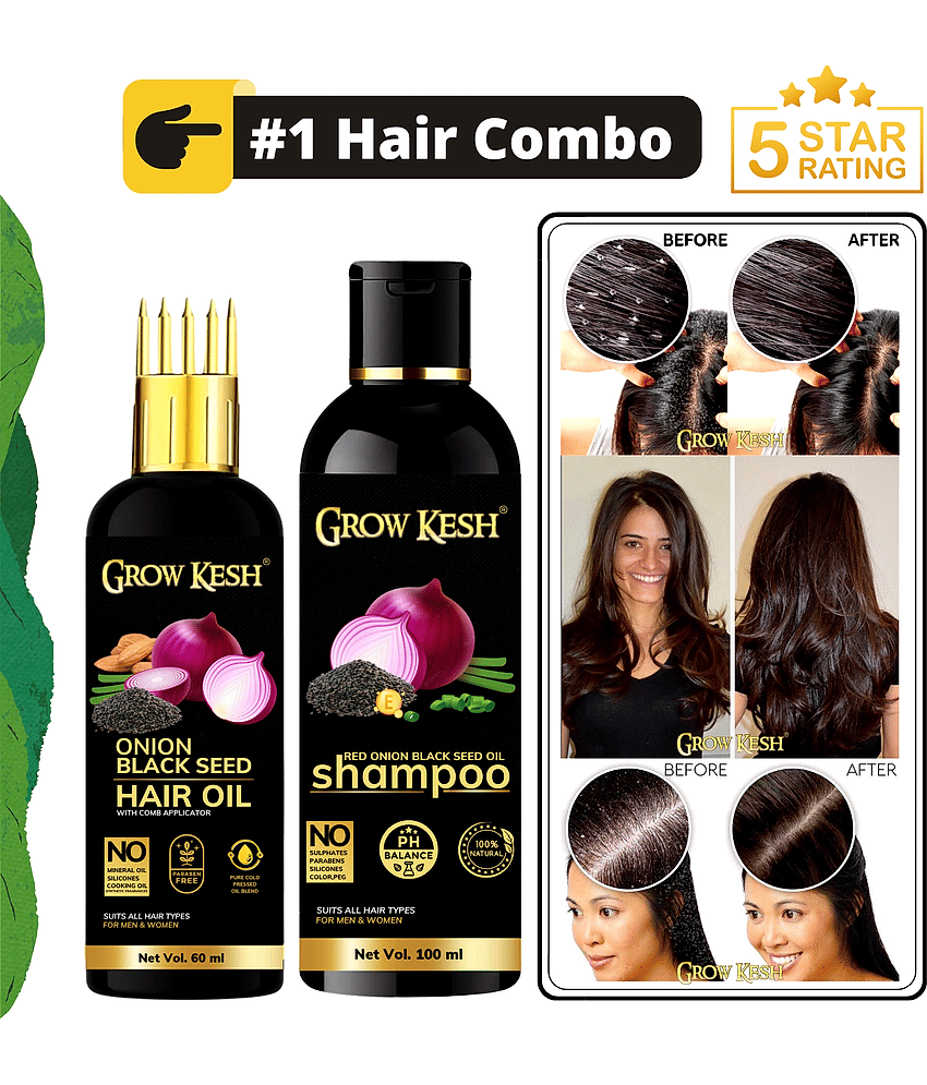 Growkesh Onion Hair Oil for Hair Regrowth and Hair Fall Control with Blackseed with Comb Applicator and Red Onion Shampoo for Anti-dundruff (Onion Hair oil,60ml + Onion Shampoo,100ml)