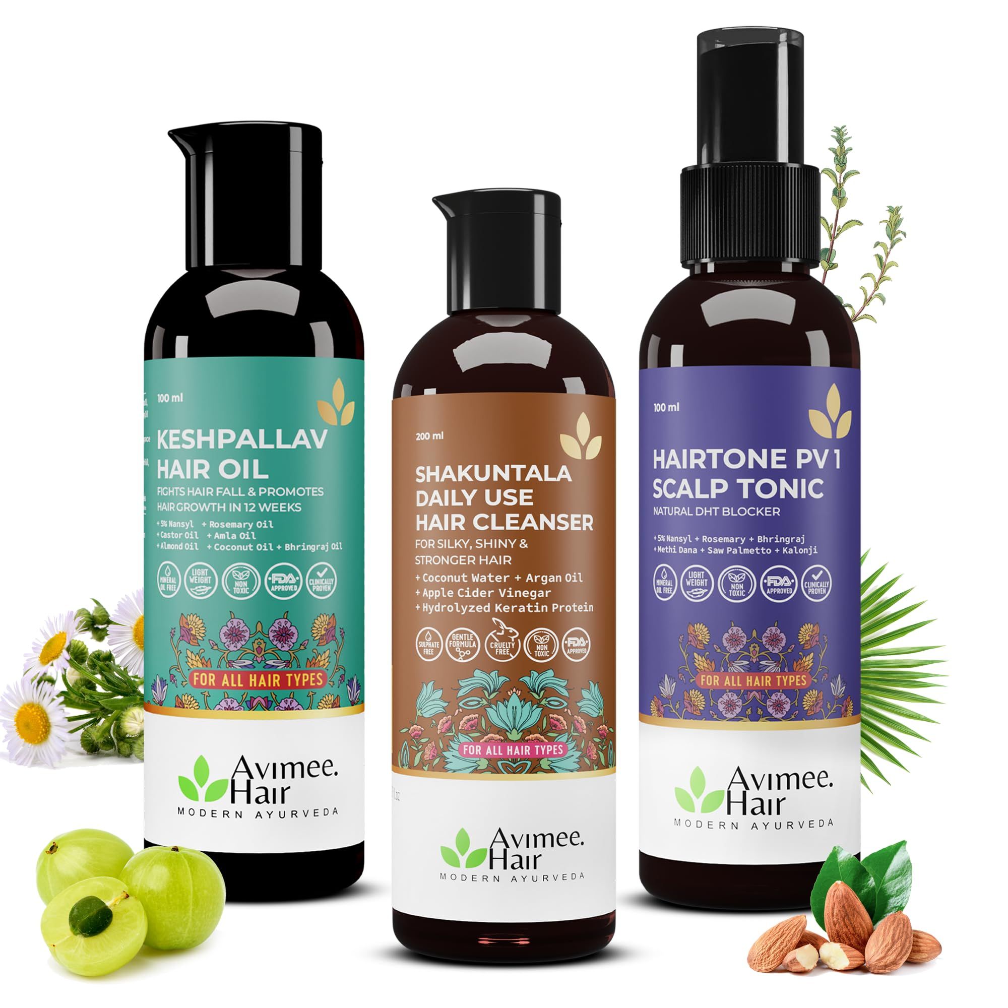 Avimee Herbal Hair Fall Kit | For Hair Growth and Nourishment | Keshpallav Hair Oil, 100ml | Shakuntala Hair Cleanser Shampoo, 200ml | Hairtone PV1 Scalp Spray, 100ml | Hair Care Combo Avimee Herbal Hair Fall Kit | For Hair Growth and Nourishment | Keshp