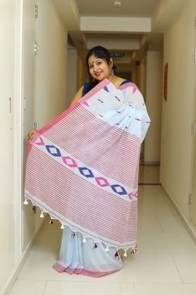 Madhurika-Handloom Cotton / Greyish Blue and Red / Cotton by Cotton