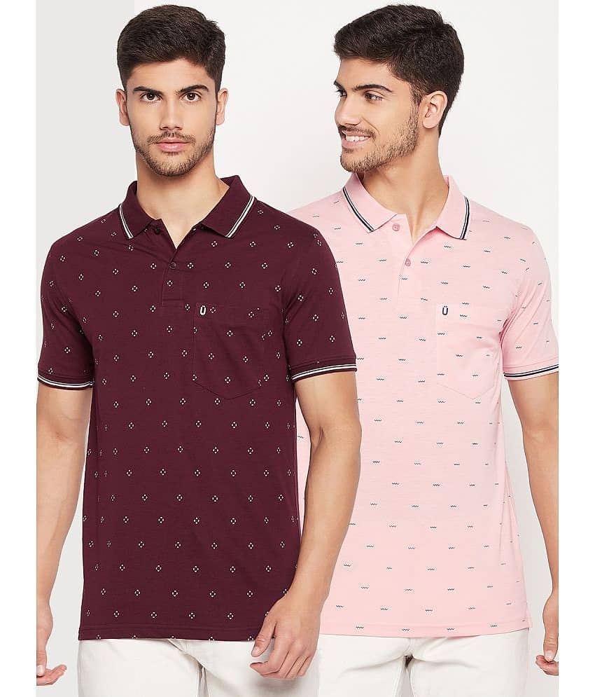 UNIBERRY Pack of 2 Cotton Blend Regular Fit Printed Half Sleeves Men's Polo T Shirt ( Maroon )