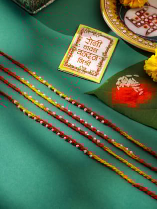NVR Men Set of 4 Pearls Traditional Red Thread Rakhi with Roli Chawal Chandan & Mishri-One Size / Red