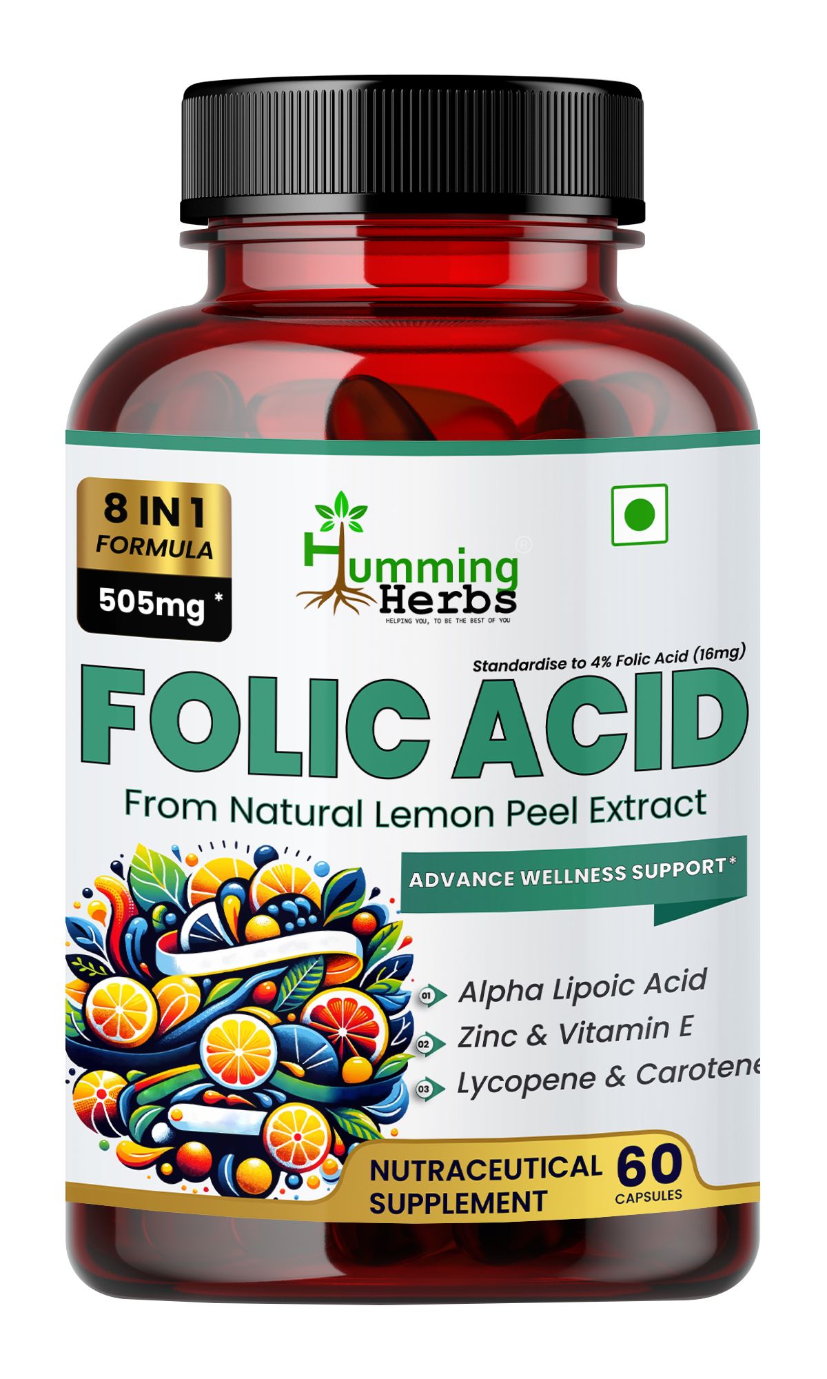 Humming Herbs Folic Acid | Biotin, Alpha Lipoic Acid, Zinc, Vitamin E, Lycopene, Selenium & Lemon Peel Extract | Advanced Multinutrient Formula for Immune Support, Antioxidant Protection & Skin Health