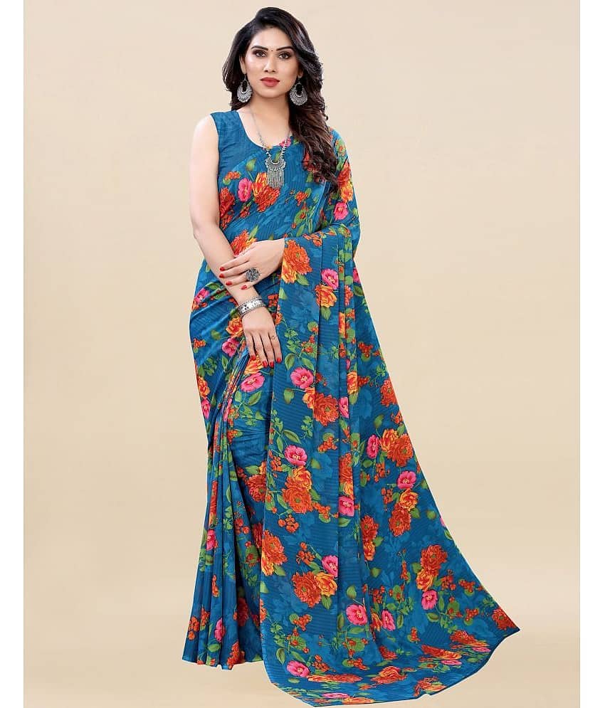 Samah Georgette Printed Saree With Unstitched Blouse Piece ( Yellow )