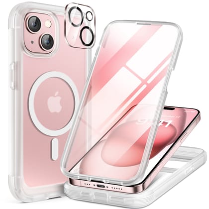 iPhone 15 Series : Cases Villa 360° Protection Case 9H Tempered Glass Cover with MagSafe-iPhone 15 / Matte Clear