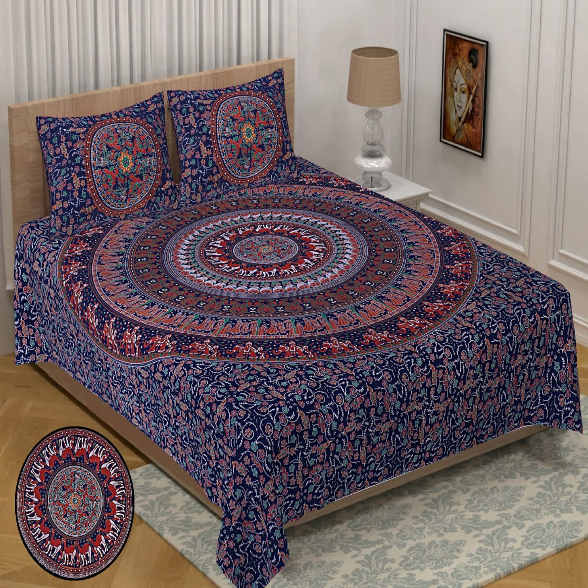 3001-Hometrade India-Standard King Size (90*108 Inches) Double Bedsheet With 2 Pillow Cover-RJ-14-Jaipur lining-3738