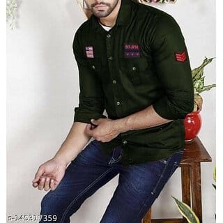 Fashlook Self Design Curved Collar Regular Fit Cotton Blend Casual Dark Green Shirt For Mens