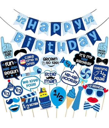 Zyozi  1/2 Birthday Photo Booth Party Props Blue for Baby Boy with 1/2 Birthday Bunting Banner for Baby Boy in Blue,1/2 Birthday Decorations for Boys,Kids Birthday Party Decoration Items (Blue)