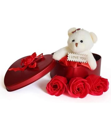 Spreading Smiles Red Heart Tin Box Teddy Roses with Love Message for Valentines Day Gift (3 Pieces Roses 1 Small Bear)