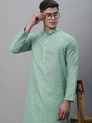 Men's Cotton Linen Sea Green Foil Printed Long Kurta-36