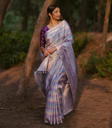 Multi Colour Handwoven Kanchipuram Silk Saree With Stripes-Multi Colour