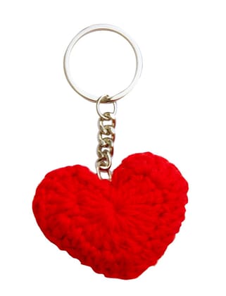 Sukeshcraft Handmade Crochet Heart Keychain, Red Yarn with Nikkle Chain
