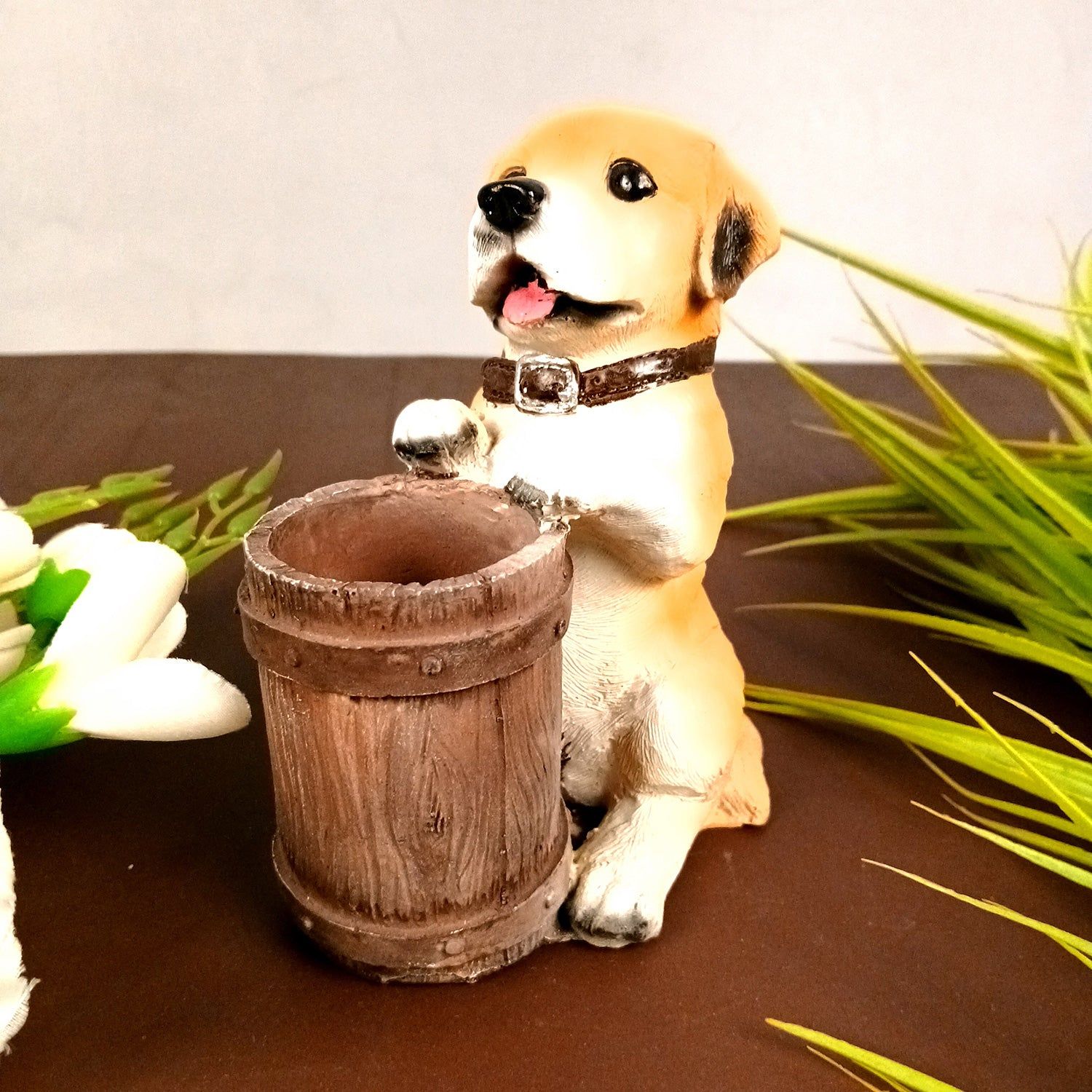Cute Dog Decorative Pen Pencil Holder / Cutlery Stand | Dog Holding Basket Showpiece - for Kids Study Table, office Desk, Home Decor & Gifts - 6 Inch-Design 2