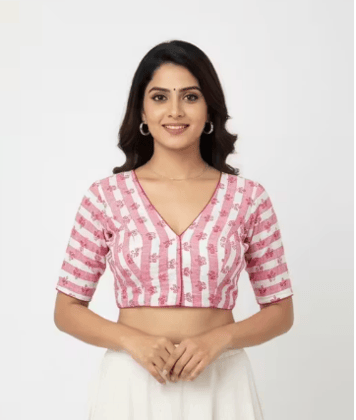 Pink & White Cotton Printed Striped V-Neck Elbow Sleeve Blouse for Women
