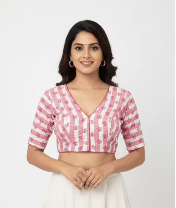 Pink & White Cotton Printed Striped V-Neck Elbow Sleeve Blouse for Women