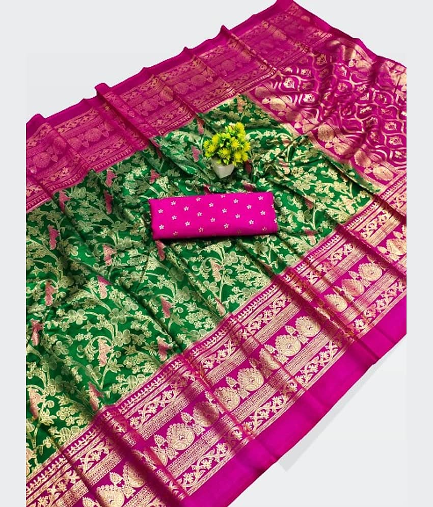 Kanooda Prints Art Silk Printed Saree With Unstitched Blouse Piece ( Green )