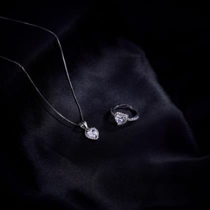 Rhodium Radiance Locket and Ring Combo-White / Rhodium / 18"