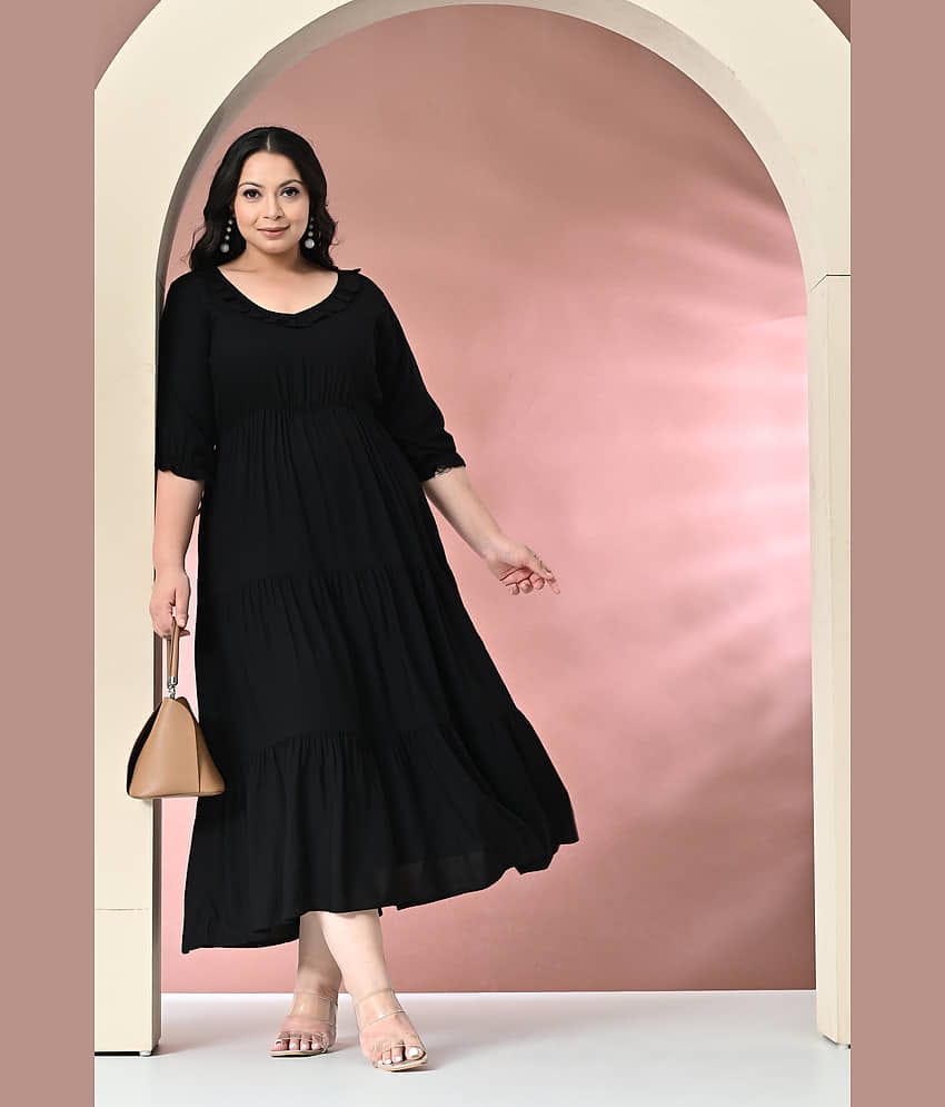 PrettyPlus by Desinoor.com Women Cotton Blend Solid Fit & Flare Dress ( Black )