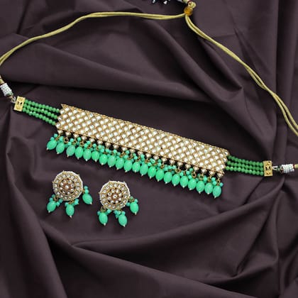 Parrot Green Color Kundan Choker Necklace Set-Adjustable rope / parrot green / Necklace Length: 16.00 CM x Width: 8.00 CM