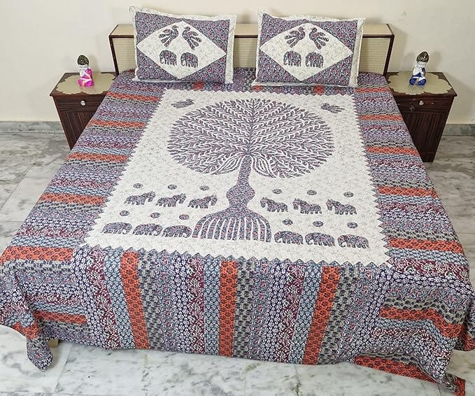 Bedsheet Set with Pillow Covers, 100% Cotton, Multi-Colour,Indian Elephant Tree, Size 8 Feet X 9 Feet