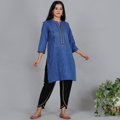 Blue solid Cotton short kurta set-XS