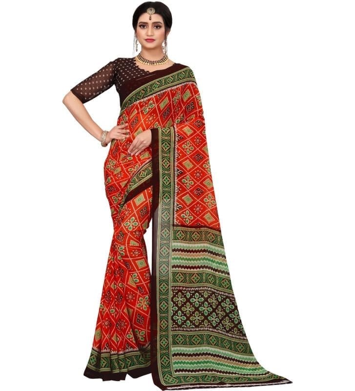 Women's Georgette Floral Print Saree With Unstitched Blouse 5.5Mtr (Orange)-PID54780