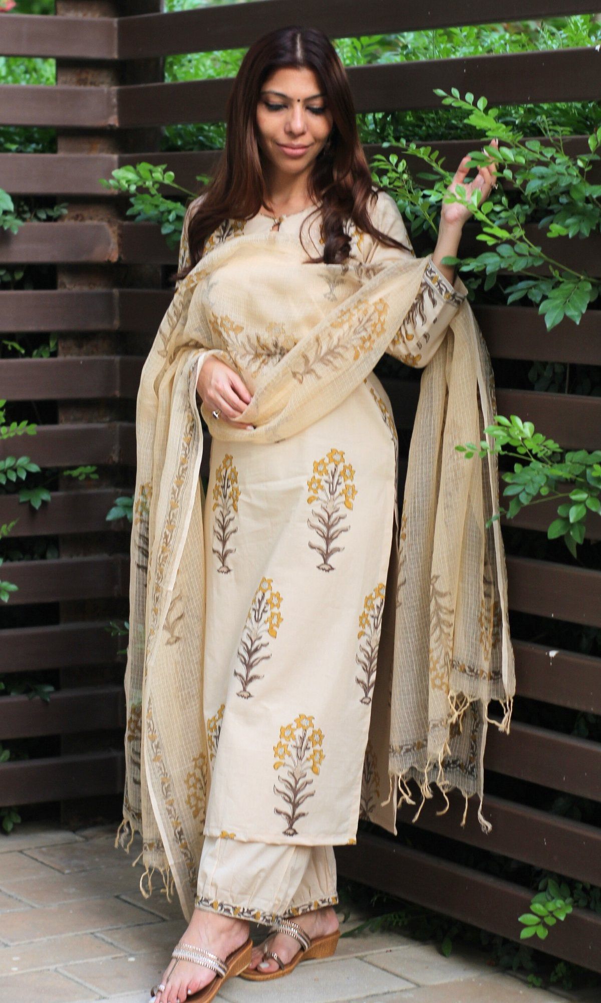 Cotton Handblock Mughal Print Suit Set with Kota Doria Dupatta-XXS