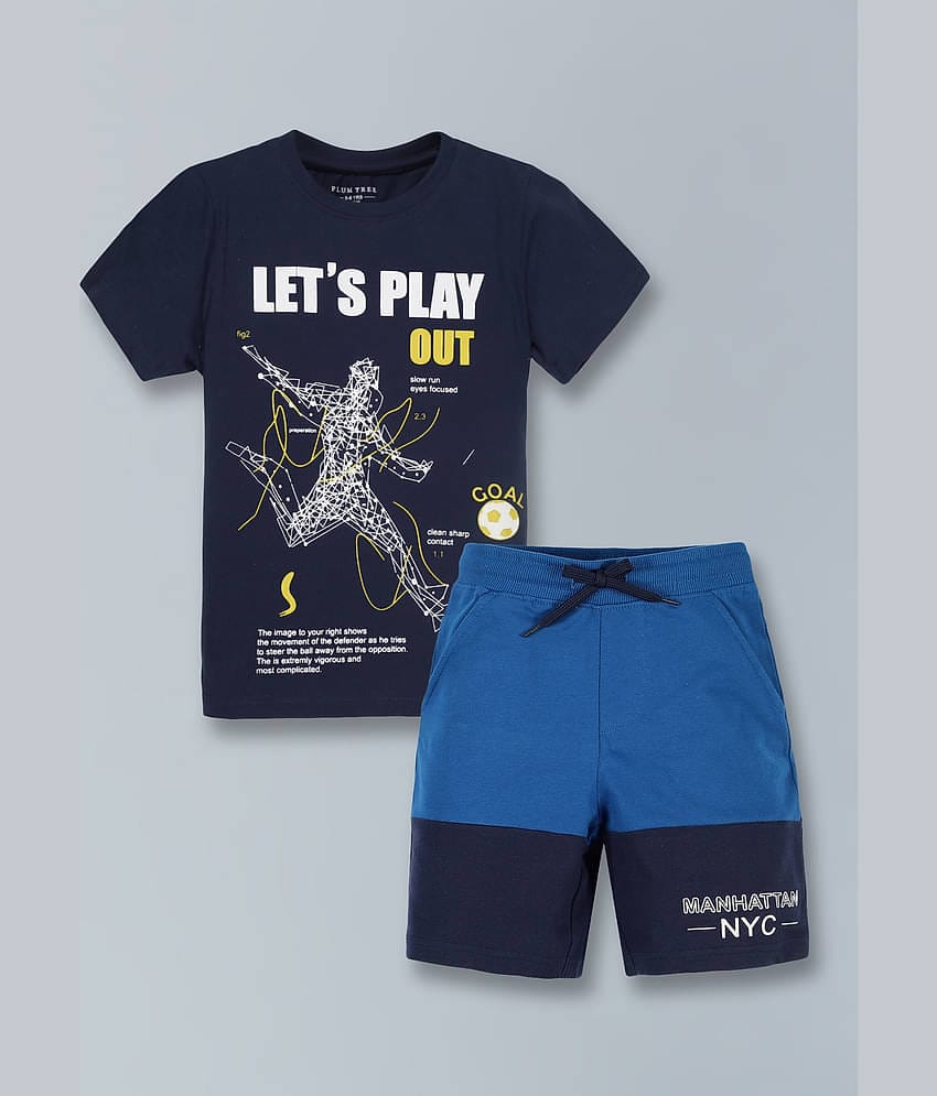 PLUM TREE Pack of 1 Boys Cotton Blend T-Shirt & Shorts Set ( Navy Blue )