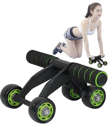 Anti Skid Double Wheel AB Roller Exerciser for Total Body Workout with Steel Handle and Knee Mat - Unisex Fitness Equipment for Men and Women (4 WHEEL )(GREEN) Pack of 1