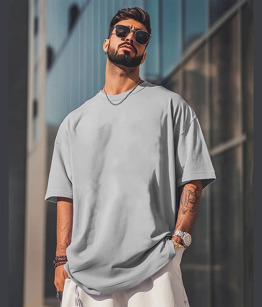 AUSK Men Cotton Blend Oversized Fit Solid T-Shirt ( Sky Blue )