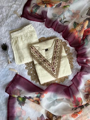New Wedding Wear White Color Roman Silk Embroidery n Sequence Work Designer Straight Kurta With Trouser n Dupatta Set-S