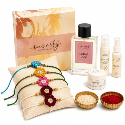 Rareity Rakhi Gift Hamper for Brother and Sister | Skin Care & Sugar Dust Perfume Combo | Body Mist, Rice Water Face Wash, Hydrating Face Cream with Sugar Dust Eau De Parfum | Get any 2 Hand Crochet Rakhi Free
