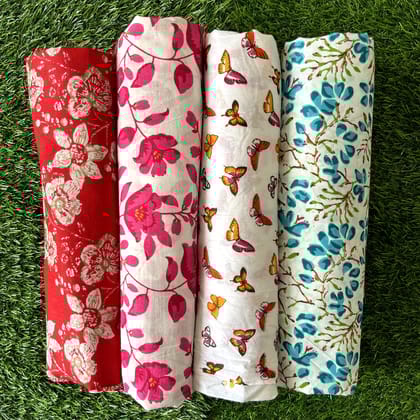 Pure cotton unstitched kurtis (pack of 4) (2.5 meters in one design)-As shown in picture / 2.5 mtr each / Pure cotton