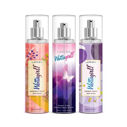 Layer�r Wottagirl Mandarin Twist, French Peony & Amber Kiss Body Splash Pack of 3 �60ml | Long-Lasting Body Mists for Women | Fruity, Floral & Musky Notes | Gift Set