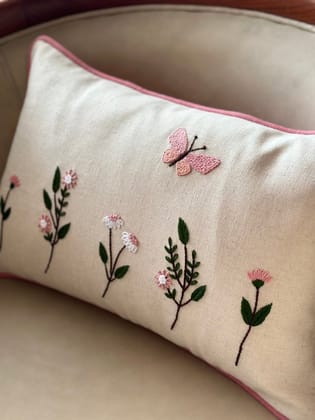 KRI India Bloom Floral Haven Cushion cover | Beige with multicoloured embroidery  | 12x18 inches  | Wash & Care | 100% Cotton | Handcrafted in India. 100% organic & natural.