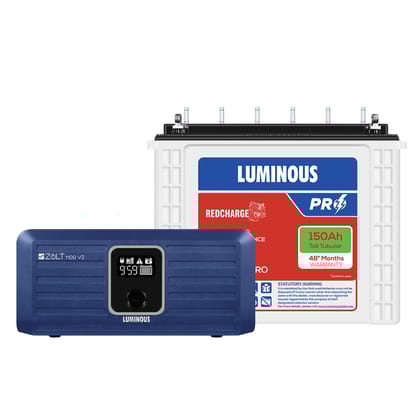 Luminous Inverter & Battery Combo (Zolt 1100 Pure Sine Wave 900VA/12V Inverter with RC18000 PRO Tall Tubular 150Ah Battery) for Home, Office & Shops Luminous Inverter & Battery Combo (Zolt 1100 Pure Sine Wave 900VA/12V Inverter with RC18000 PRO Tall Tubular 150Ah Battery) for Home, Office & Shops